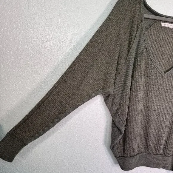 Free People Santa Clara Thermal Top Women Small Oversize Waffle Knit Vneck Green - Picture 6 of 10